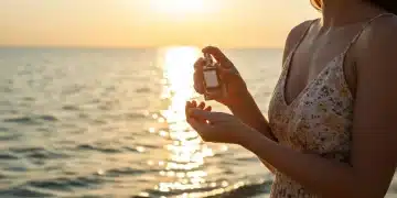 Mujer en la playa aplicando perfume, símbolo de frescura y elegancia veraniega.