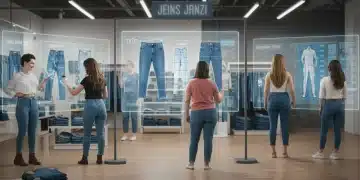 Vaqueros perfectos online 2025: Guía de tallas en EE. UU. Mujer feliz probándose virtualmente unos vaqueros en una pantalla interactiva, con tablas de tallas flotantes.