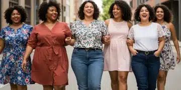 Las mejores tiendas online para ropa de talla grande en EE. UU. Mujeres con ropa de talla grande elegante y moderna en un entorno urbano, mostrando confianza y estilo.