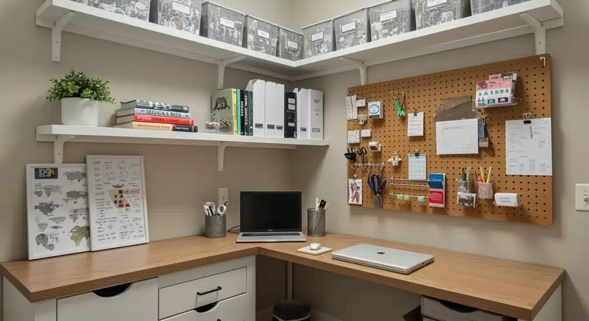 Rincón de oficina en casa bien organizado con estantes de pared y cajones integrados para optimizar el espacio en un apartamento de Estados Unidos.