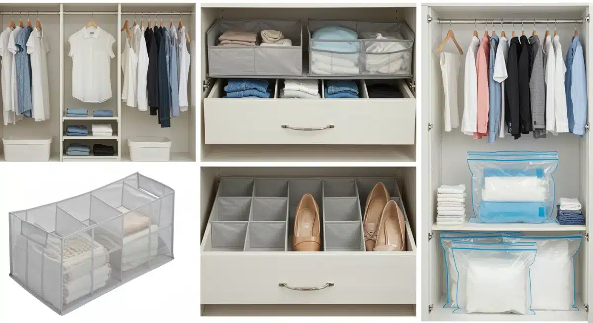 Variedad de organizadores de armario como divisores de cajones, estantes, zapateros colgantes y bolsas al vacío, mostrando soluciones para optimizar el espacio.