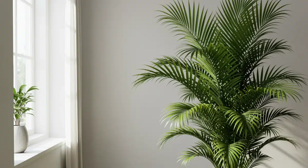 Palmera areca grande y exuberante en un rincón de una habitación luminosa.