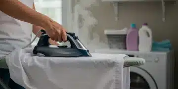 Planchar ropa correctamente: guía para principiantes en EE. UU. Persona planchando una camisa blanca en una tabla de planchar, con una plancha de vapor, en una lavandería moderna en Estados Unidos.