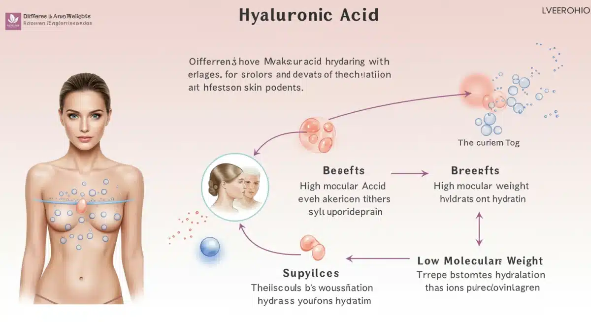 Infografía detallada sobre los distintos pesos moleculares del ácido hialurónico y sus beneficios específicos para las capas de la piel.