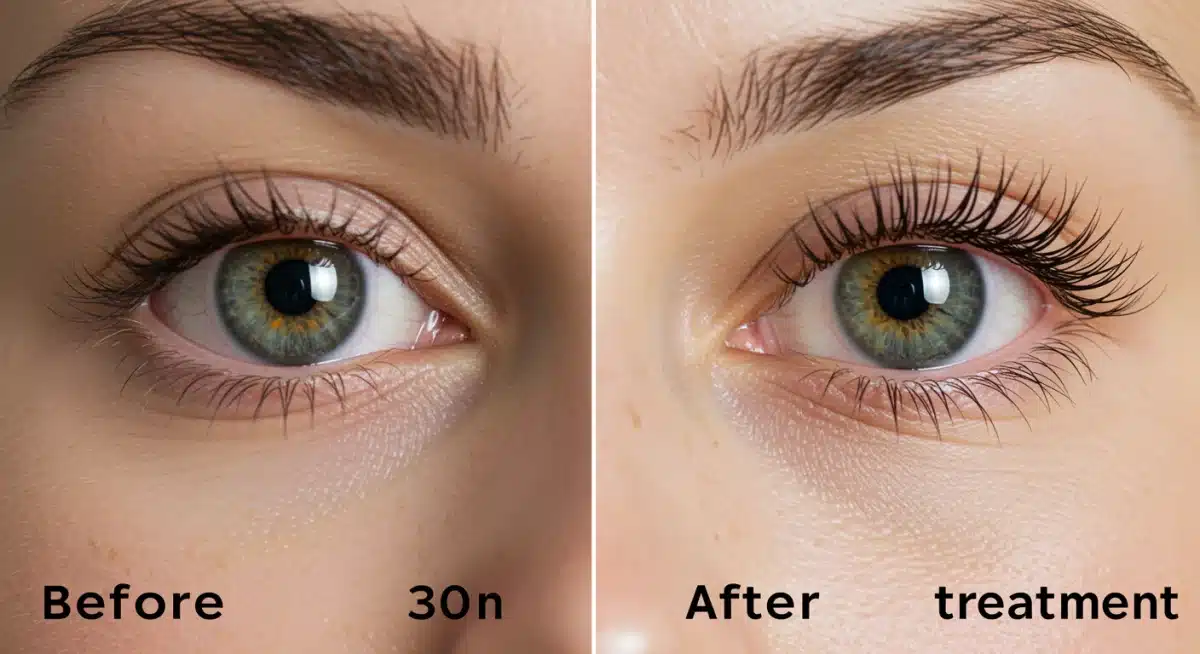 Comparativa de pestañas antes y después de un tratamiento de 30 días.