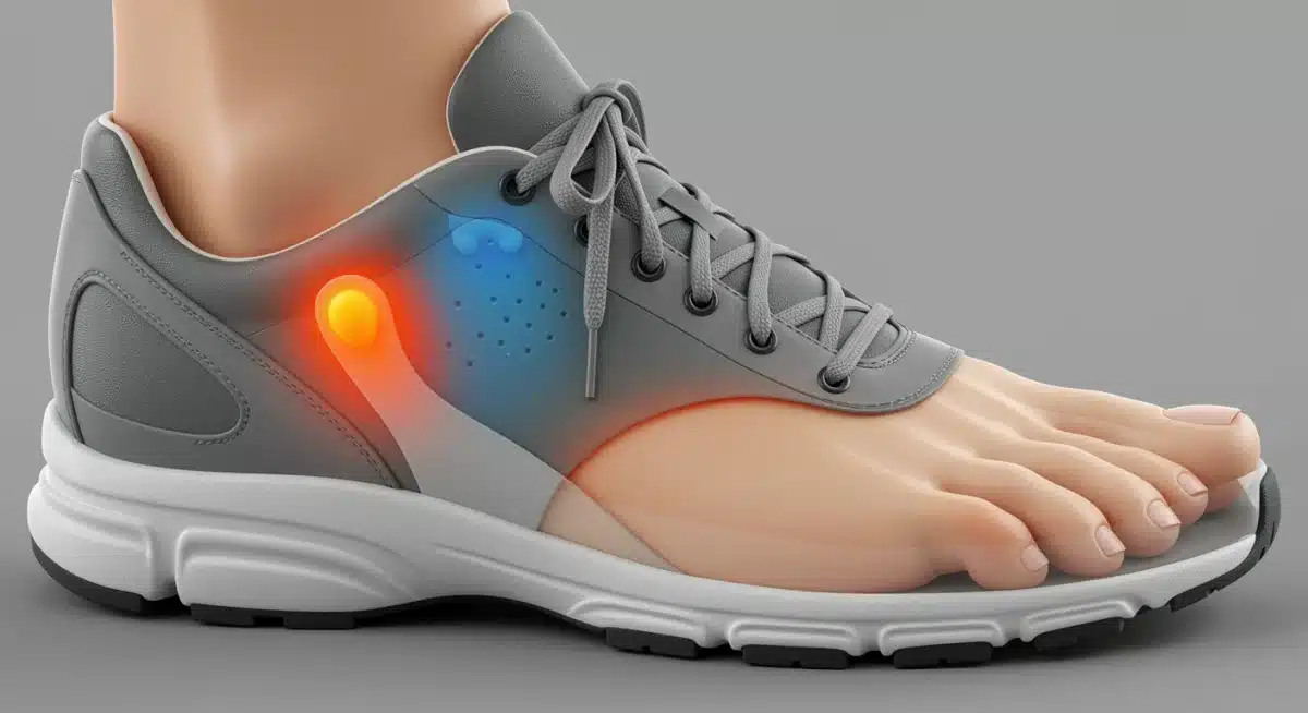 Primer plano de un pie dentro de un zapato, mostrando puntos de presión y un ajuste incorrecto.