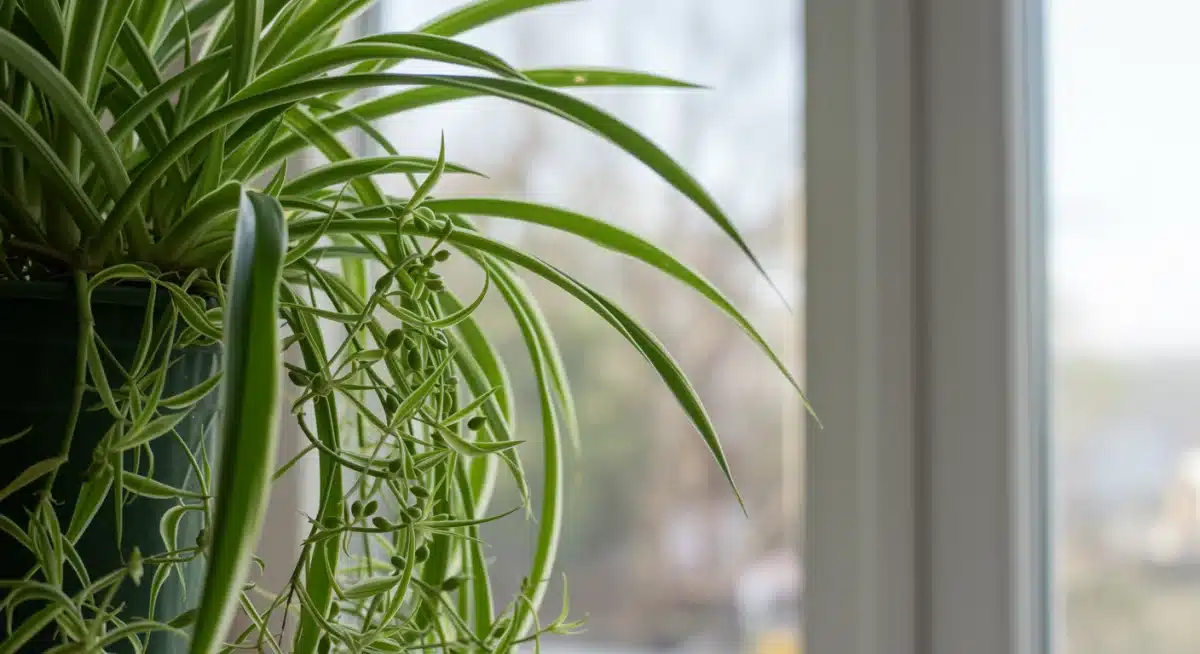 Planta araña con sus "arañitas" colgantes, ideal para purificar el aire.
