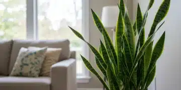 Mujer regando una planta de serpiente en una sala de estar soleada en Estados Unidos.
