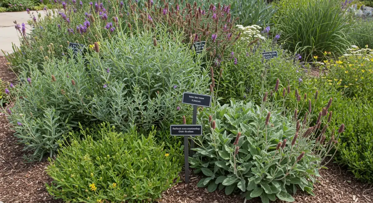 Variedad de plantas nativas vibrantes y resistentes a la sequía en un jardín estadounidense, ideales para paisajismo sostenible.