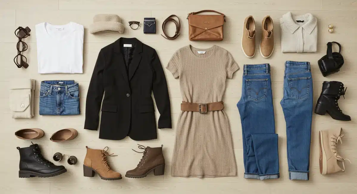 Vista aérea de 15 prendas esenciales para un armario cápsula, incluyendo básicos versátiles y accesorios combinables.
