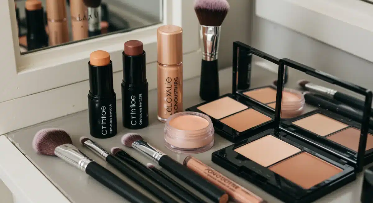 Variedad de productos de contouring en diferentes formatos: cremas, polvos y líquidos, con brochas de maquillaje profesionales sobre un tocador.