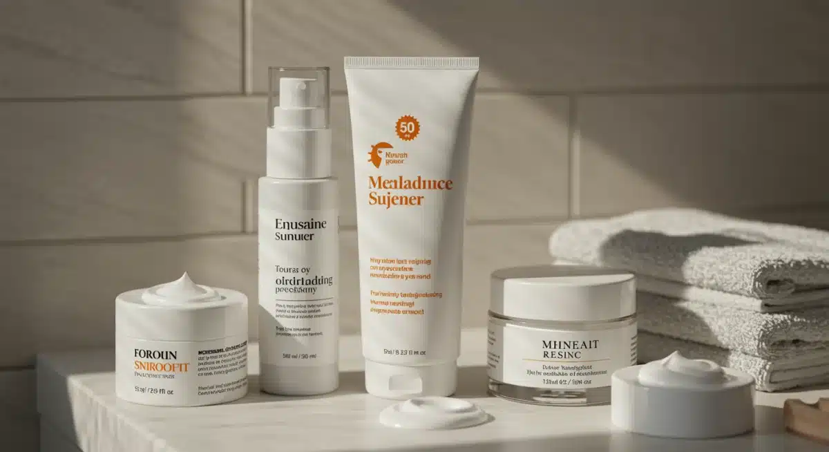 Productos de cuidado facial, incluyendo protector solar, dispuestos en un baño, ilustrando una rutina de belleza.