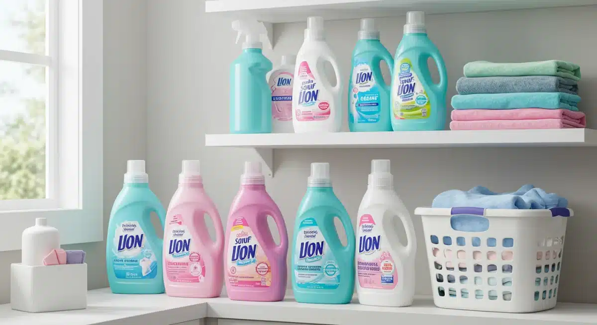 Variedad de detergentes y suavizantes especiales para prendas delicadas en un estante de lavandería.