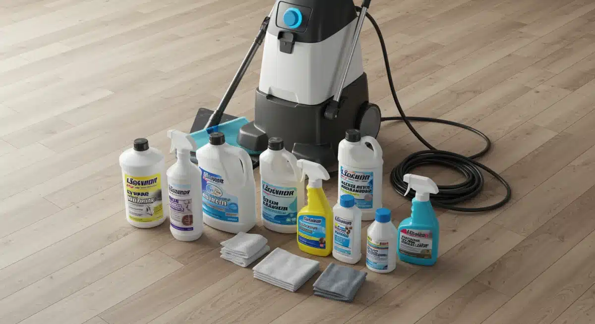 Variedad de productos y herramientas comerciales para la limpieza profunda de alfombras.