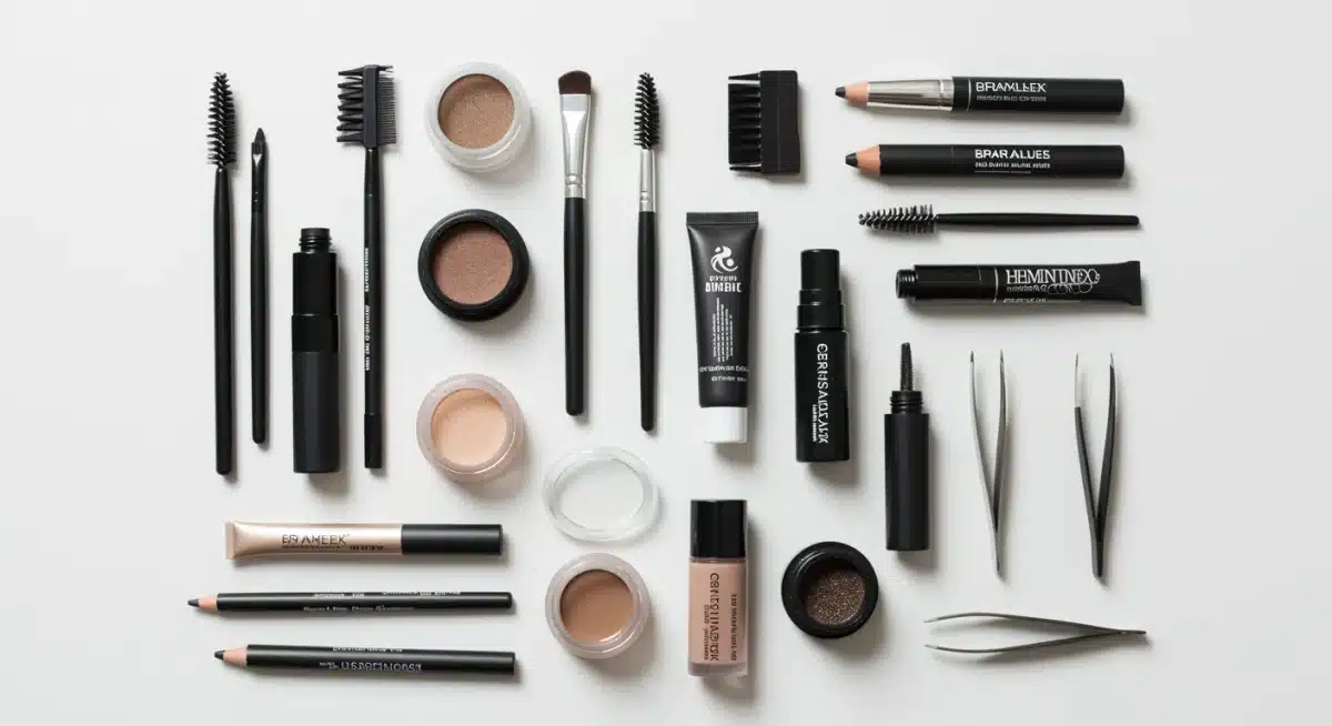 Variedad de productos esenciales para maquillar cejas: lápices, pomadas, geles y cepillos.