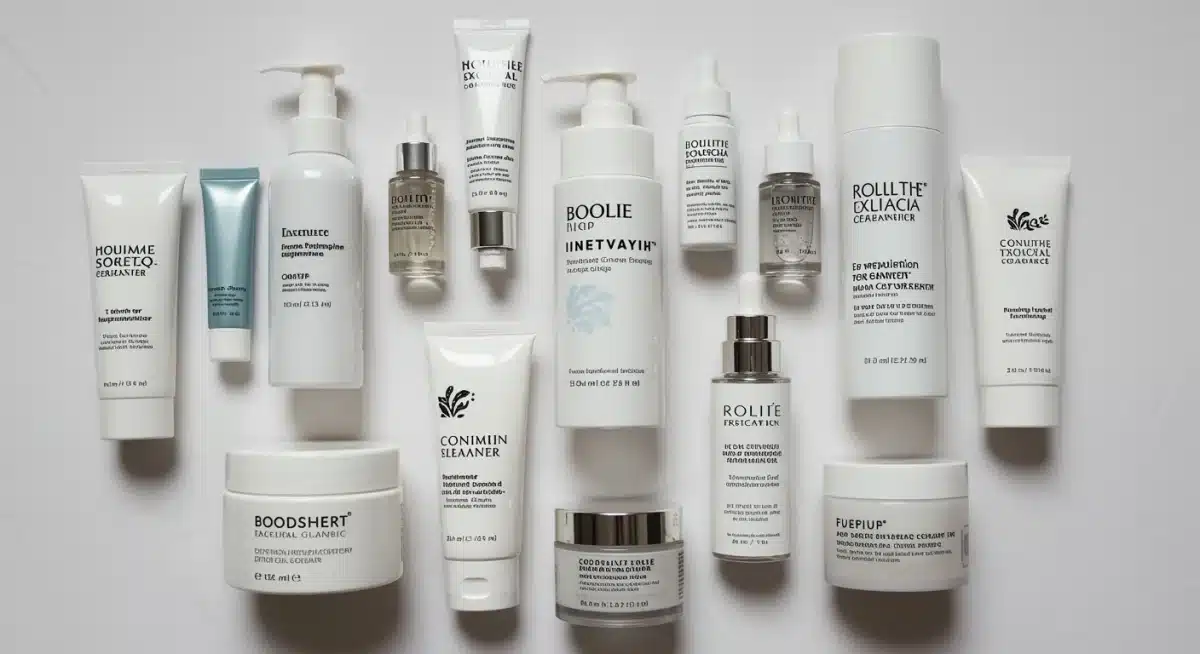 Productos esenciales para una rutina facial nocturna para piel mixta, incluyendo limpiadores, sérums y cremas.