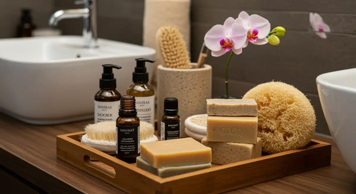 Productos de spa organizados en una bandeja de madera en el baño, con aceites esenciales y jabones artesanales.