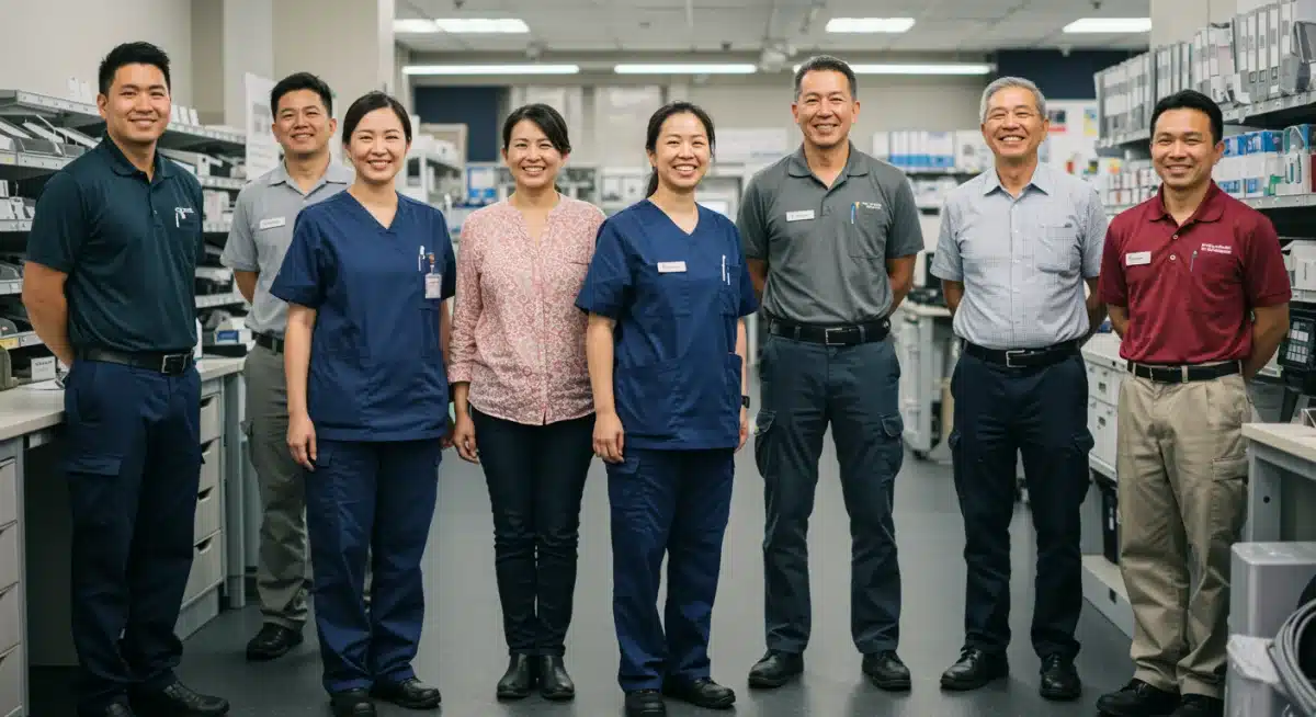 Profesionales de diversos sectores trabajando de pie con calzado cómodo y de apoyo, mostrando bienestar.