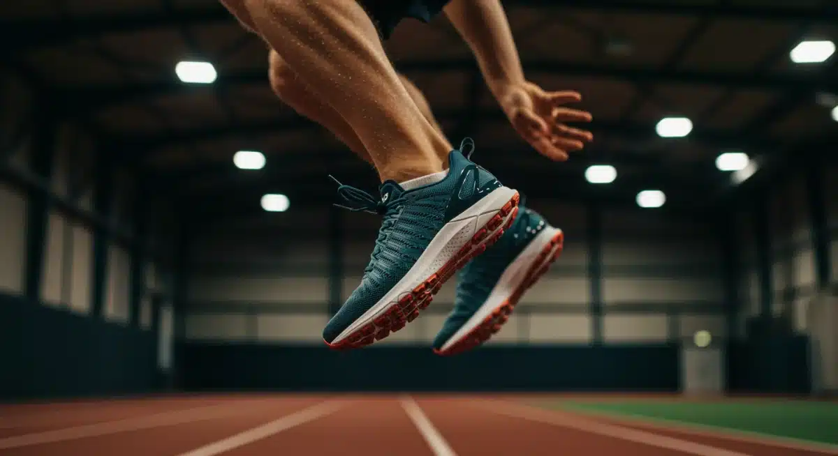 Atleta en plena acción, destacando el soporte y flexibilidad del calzado deportivo durante un salto.