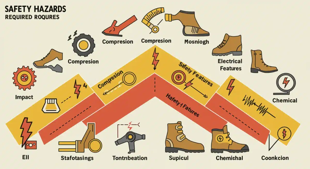Infografía sobre tipos de riesgos laborales y las características de seguridad del calzado necesarias para cada uno.