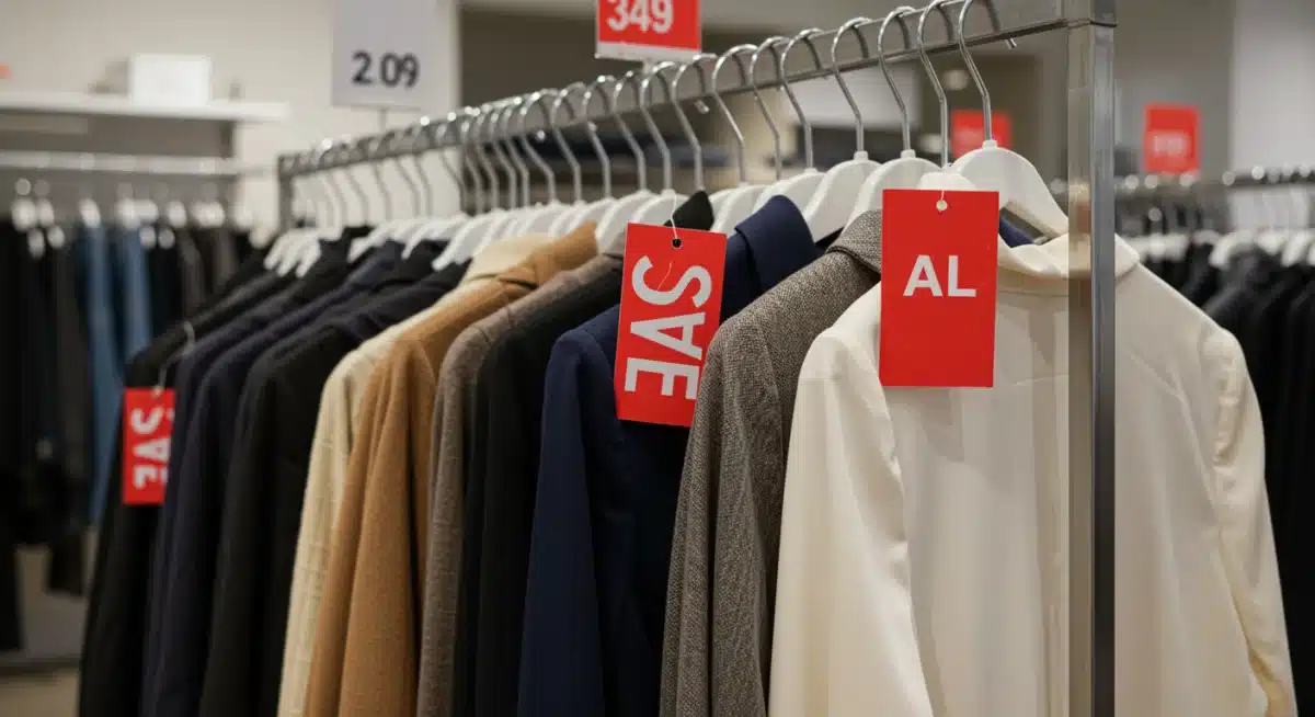 Perchero de ropa con etiquetas de rebajas en tienda