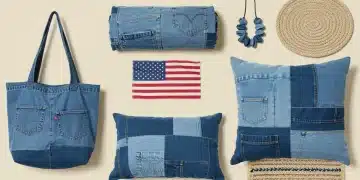 Composición creativa de objetos hechos con ropa vieja reutilizada, mostrando sostenibilidad y estilo en Estados Unidos.