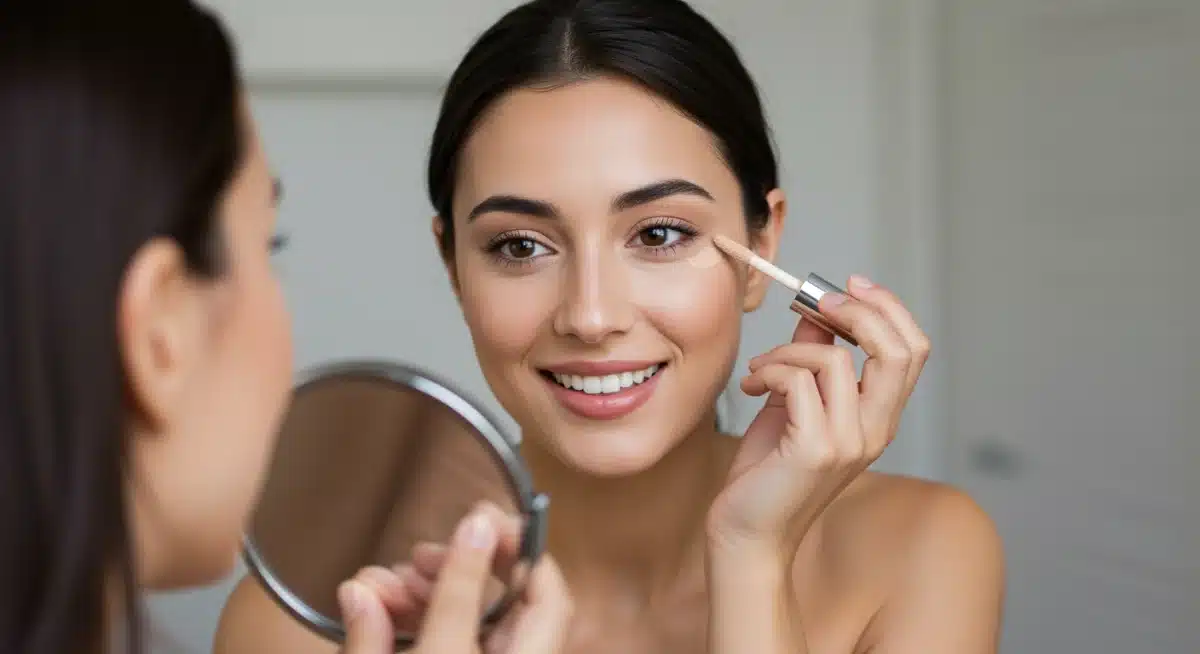 Mujer sonriendo y mirándose al espejo después de aplicar corrector de ojeras.