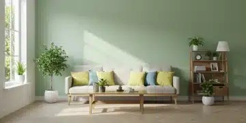 Las 5 mejores pinturas ecológicas para tu hogar en EE. UU. Sala de estar moderna con paredes recién pintadas en un tono verde suave, con muebles de madera natural y plantas, reflejando un ambiente ecológico y saludable.