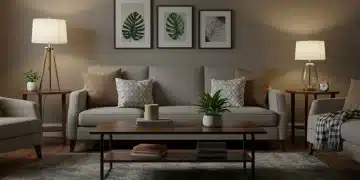 Salón acogedor y moderno con iluminación cálida y muebles bien distribuidos en Estados Unidos.