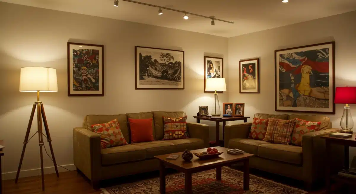 Salón con diversas fuentes de iluminación y elementos decorativos que reflejan personalidad.