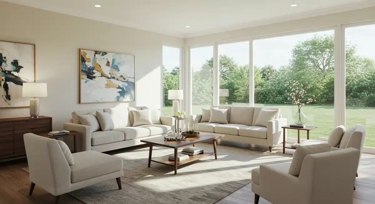 Salón luminoso con distribución inteligente de muebles, optimizando el flujo y la conversación.