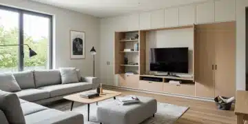 Salón moderno con soluciones de almacenamiento integradas que maximizan el espacio y mantienen el orden en un hogar de Estados Unidos.