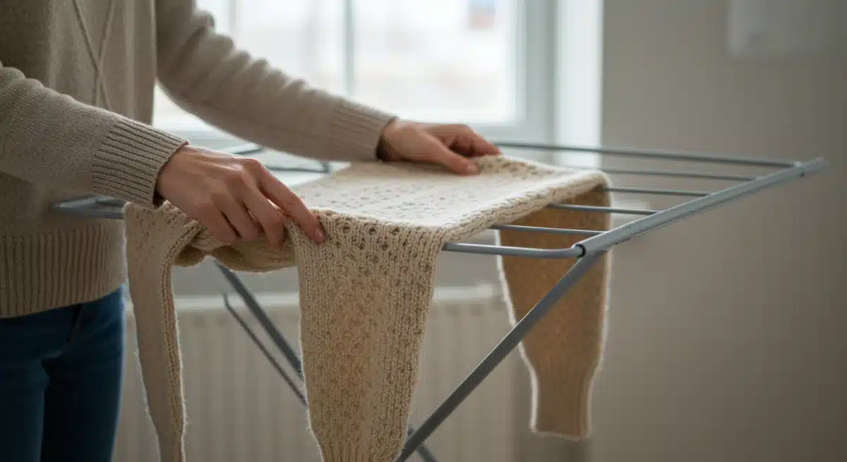 Persona tendiendo un jersey de lana en una rejilla de secado para evitar deformaciones.
