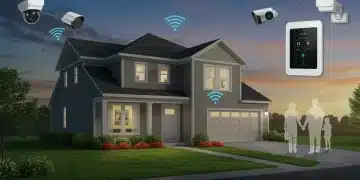 Hogar inteligente con sistema de seguridad integrado en Estados Unidos, mostrando cámaras y sensores conectados.