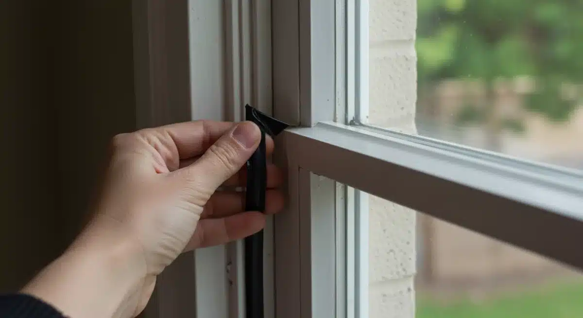Sellando ventanas con burletes para evitar fugas de calor en un hogar estadounidense.