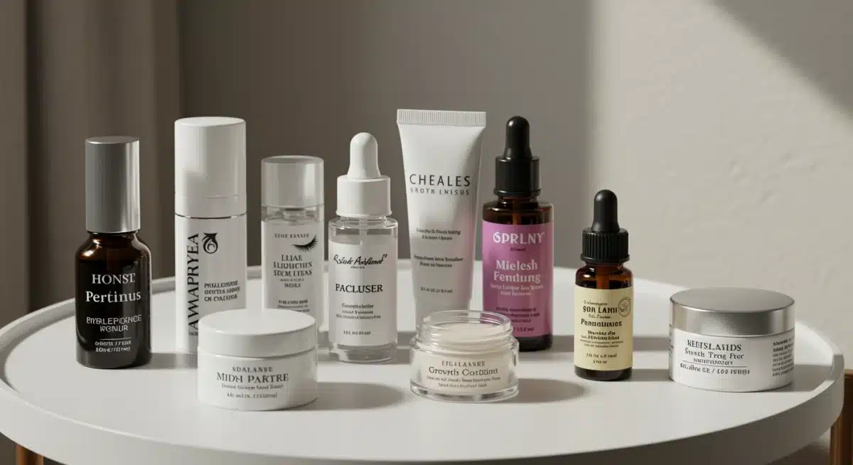 Variedad de sérums y acondicionadores para el crecimiento de pestañas en un tocador.