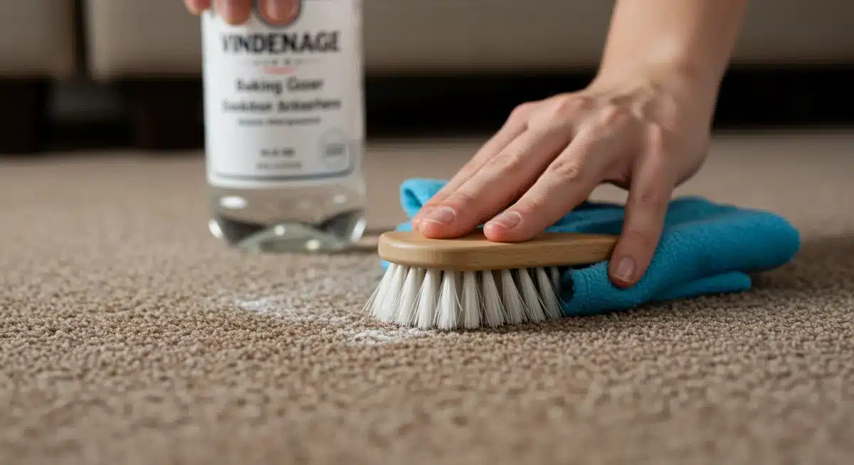Aplicación de solución casera de vinagre y bicarbonato en una mancha de alfombra.