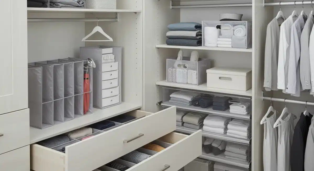 Soluciones de almacenamiento para ahorrar espacio dentro de un armario, incluyendo divisores de cajones y organizadores verticales.
