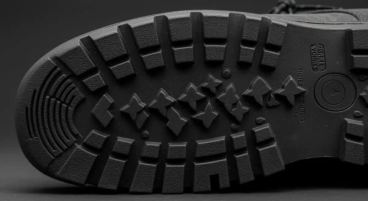 Detalle de la suela de un calzado de seguridad, mostrando su patrón antideslizante y resistencia a la perforación.