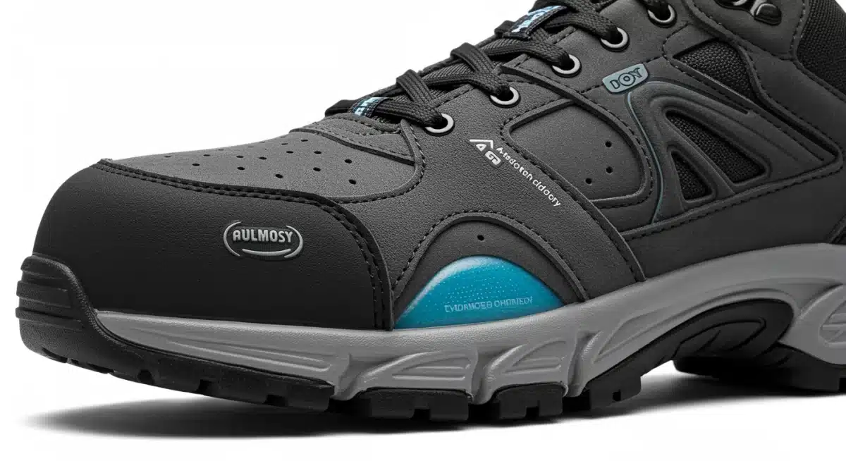 Detalle de la suela de un zapato de trabajo ergonómico, mostrando amortiguación avanzada y soporte de arco.