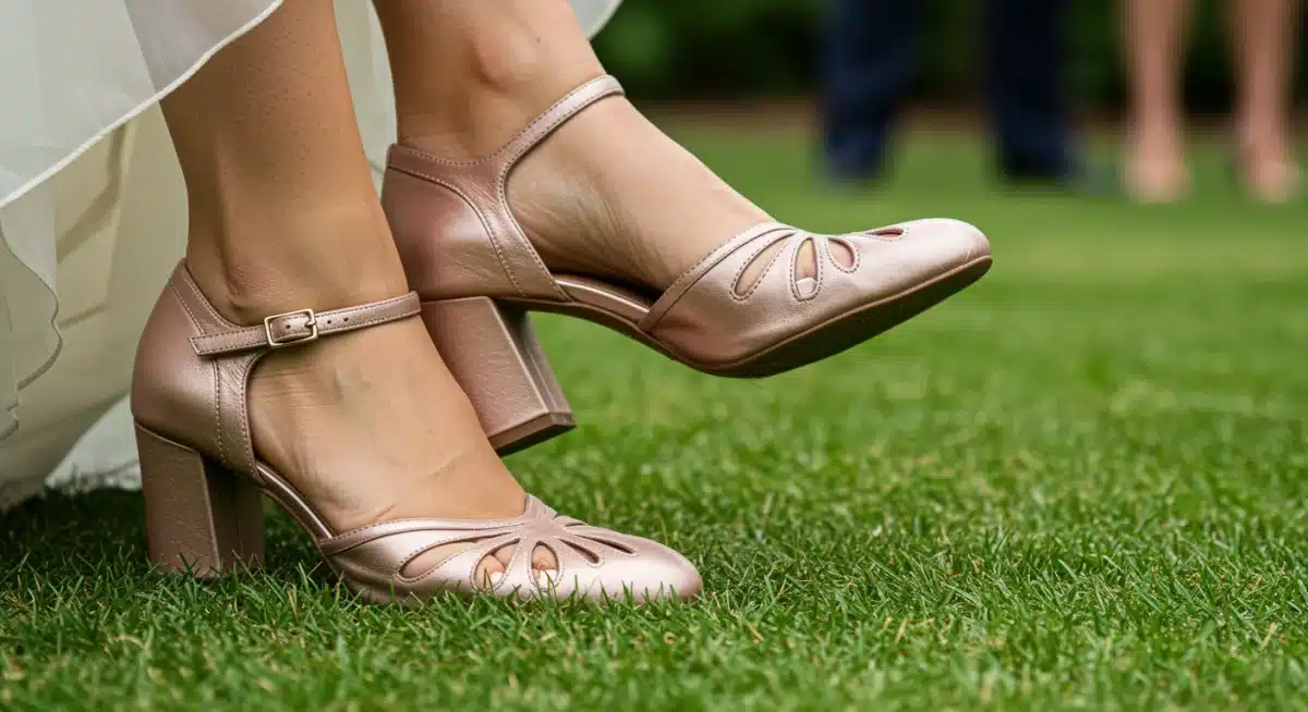 Mujer luciendo tacones de bloque cómodos en una boda al aire libre, ejemplificando la combinación de estilo y confort.