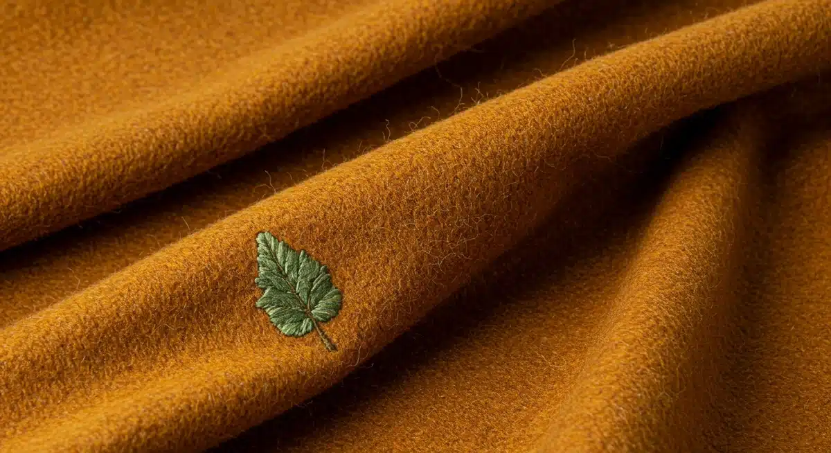 Primer plano de un tejido sostenible en tonos otoñales, representando la moda consciente de 2025.