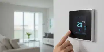 Termostato inteligente moderno instalado en pared blanca de salón, mostrando temperatura digital y símbolo Wi-Fi.