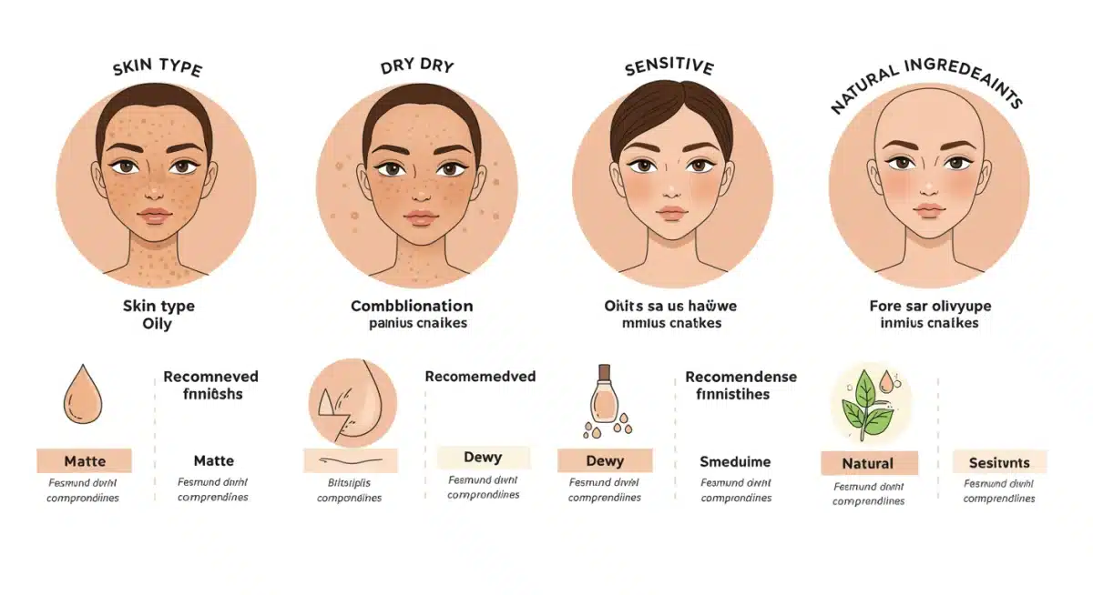 Infografía detallando tipos de piel y acabados de base de maquillaje recomendados para cada uno.