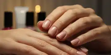 Mujer mostrando unas uñas perfectas y bien cuidadas, con esmalte brillante, en un entorno hogareño.