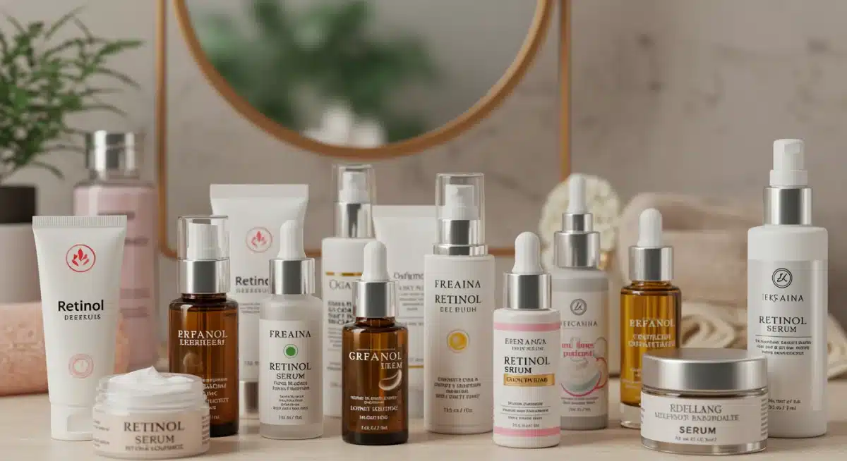 Diversos productos de retinol en diferentes formatos y concentraciones, dispuestos en un tocador, mostrando la variedad disponible.