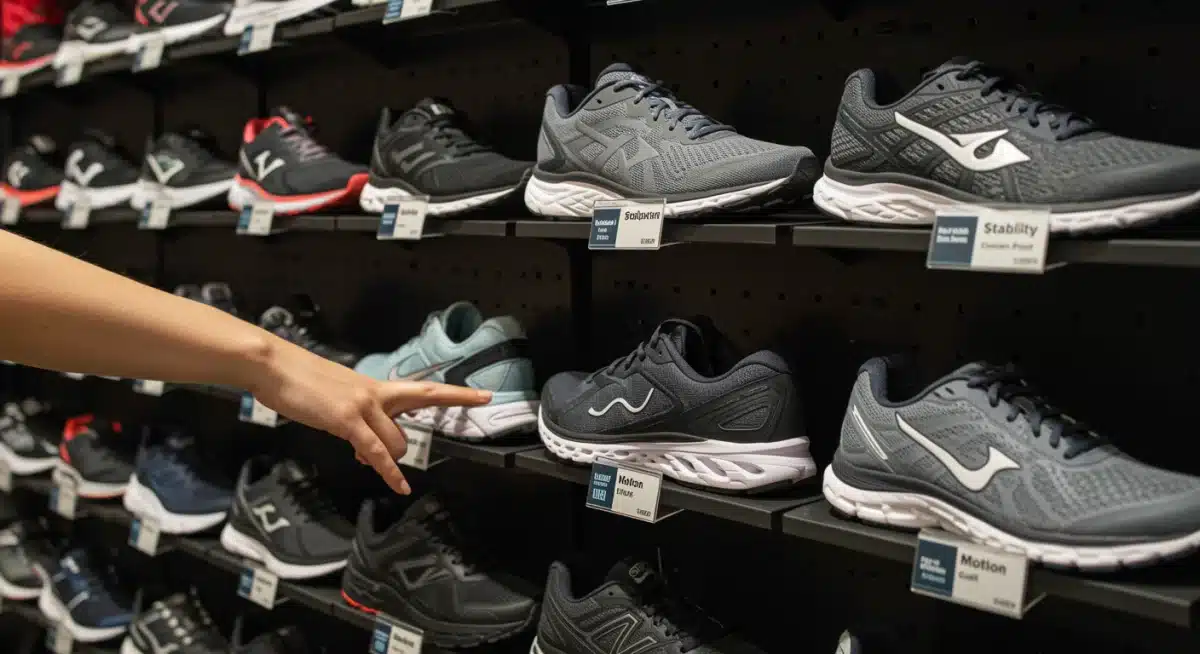 Variedad de zapatillas de running en un expositor, mostrando diferentes modelos y marcas.