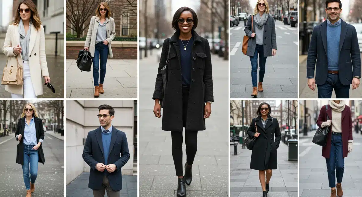 Personas usando diferentes combinaciones de ropa de un armario cápsula en variados escenarios urbanos de Estados Unidos.