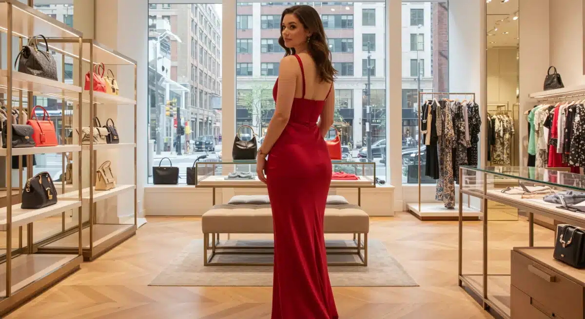 Mujer con figura de reloj de arena vistiendo un vestido ajustado que realza su cintura en una boutique de EE. UU.