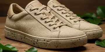 Zapatillas sostenibles de cáñamo y suela reciclada sobre madera.